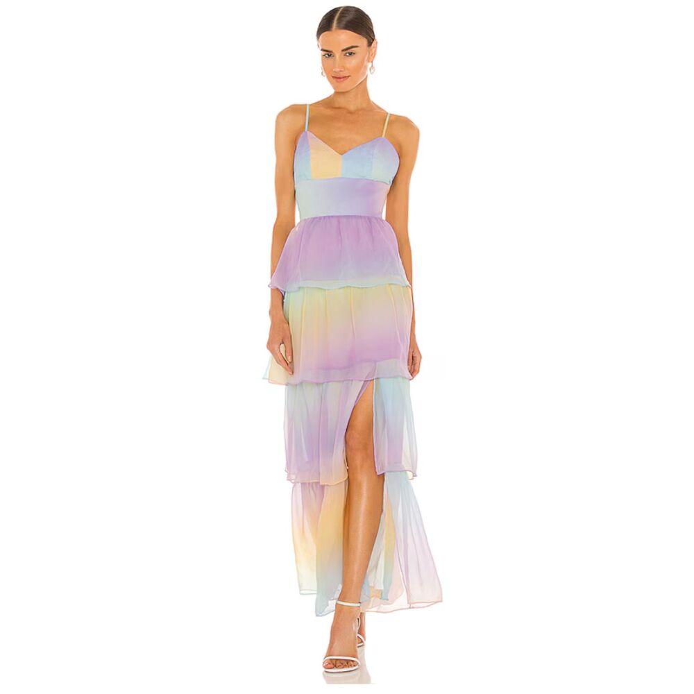 Amanda Uprichard Thaddea Maxi Dress Rainbow Tiered Gown Size S NEW